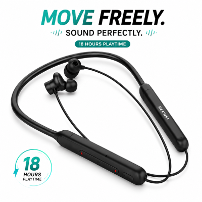 Recrsi RE-NY026 Wireless Bluetooth Neckband Headset – Super Waterproof Sports Earphones with 18 Hours Playtime, Mic, EQ & Magnetic Earbuds